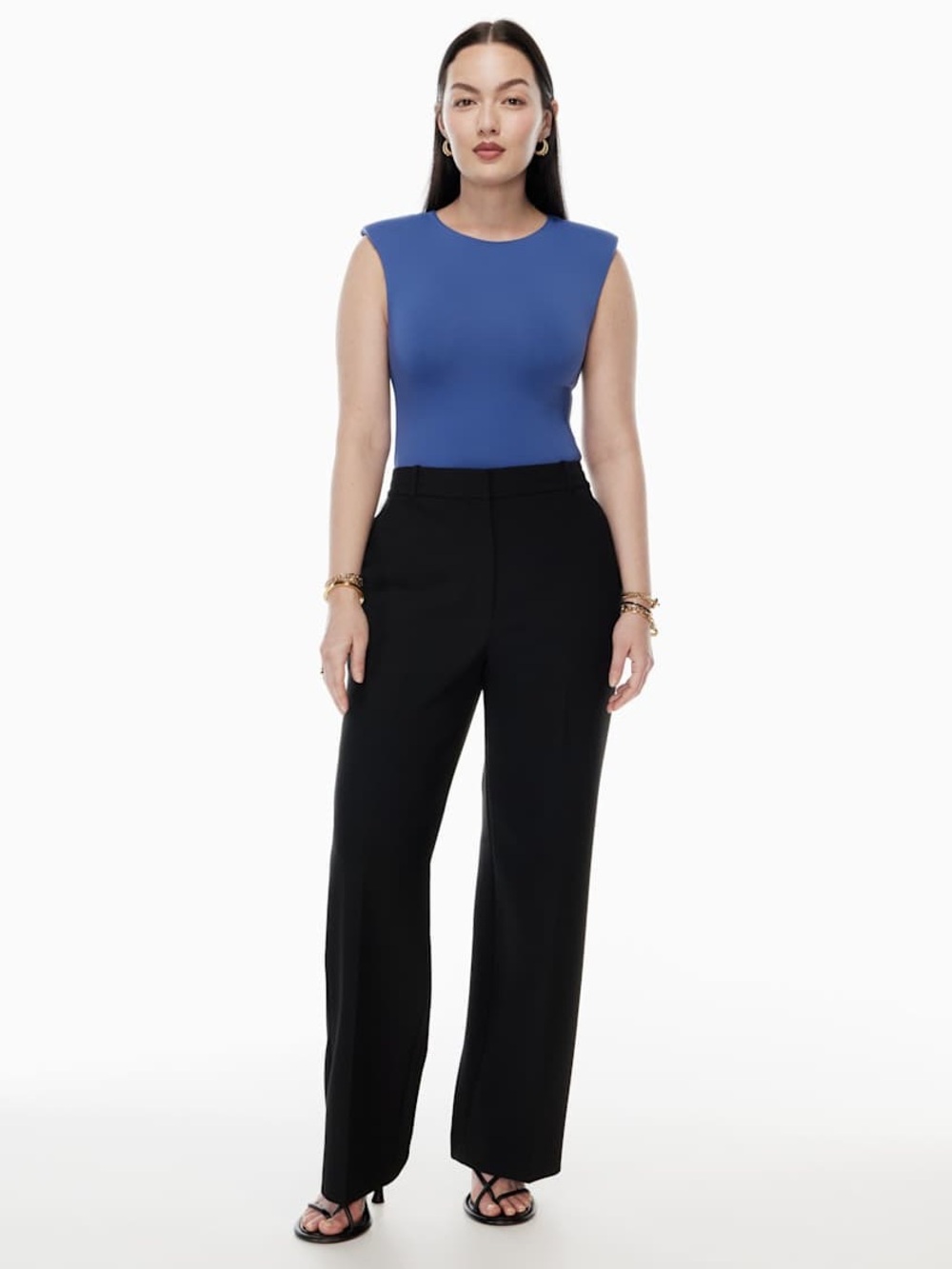 Babaton Blue Sleeveless Top with Black Wide-Leg Pants